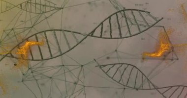DNA ipliklerinin üzerinde turuncu şekillerin animasyonu. Teknoloji, iş ve dijital arayüz kavramı, dijital olarak üretilen video.