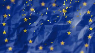 eu bayrağı üzerinde konfeti animasyonu. Küresel bilim, bilgisayar ve dijital arayüz kavramı, dijital olarak oluşturulmuş video.