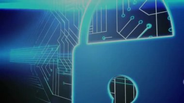 Bilgisayar devre kartının üzerindeki dijital asma kilit animasyonu. Küresel bağlantılar, hesaplama ve veri işleme kavramı, dijital olarak oluşturulmuş video.
