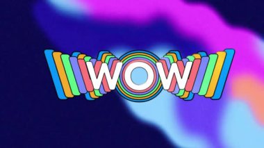 Siyah arkaplanda renkli şekiller üzerinde wow metninin animasyonu. Şekiller, renkler, arkaplan ve iletişim konsepti, dijital olarak oluşturulmuş video.