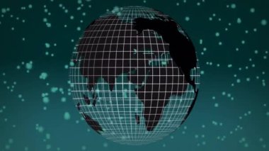 Izgara çizgileri ve verileri ile dönen küre koyu arkaplan üzerinde animasyon gösteriyor. Teknoloji, yenilik, dijital, fütüristik, veri görselleştirme, ağ