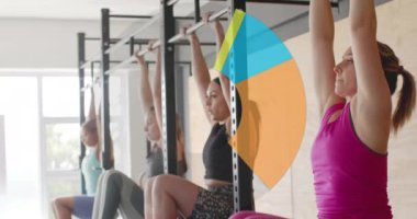 Spor salonunda egzersiz yapan farklı kadınların diyagramlarının animasyonu. Teknoloji, spor ve dijital arayüz kavramı, dijital olarak üretilen video.