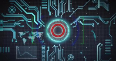 Diyagramlar ve bağlantılar üzerinde dünya haritası ve küresinin animasyonu. Teknoloji, iş ve dijital arayüz kavramı, dijital olarak üretilen video.