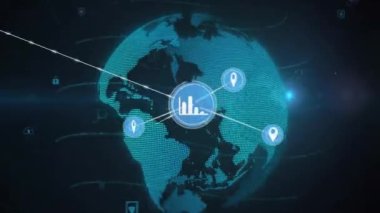 Grafik ve konum simgeleriyle bağlantılı ağ animasyonları. Küresel bağlantılar, hesaplama ve veri işleme kavramı, dijital olarak oluşturulmuş video.