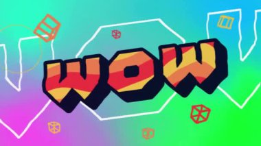 Renkli arkaplan üzerinde şekiller olan wow metin animasyonu. Şekiller, renkler, arkaplan ve iletişim konsepti, dijital olarak oluşturulmuş video.