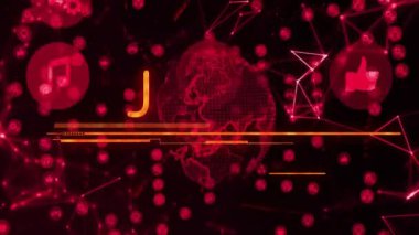 Medya simgeleri ve dünya üzerinde tehlikeli metin ve simge animasyonu. Teknoloji, iş ve dijital arayüz kavramı, dijital olarak üretilen video.