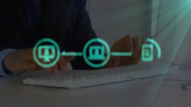 Ofisteki klavyede yazan melez işadamı üzerinden bağlantı ağının animasyonu. Küresel iş, iletişim, bağlantılar ve dijital arayüz konsepti, dijital olarak oluşturulmuş video.