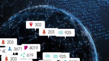 Şekiller ve dünya üzerinde medya simgelerinin canlandırılması. Teknoloji, iş ve dijital arayüz kavramı, dijital olarak üretilen video.