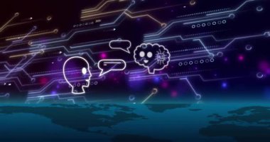 Dijital veri işleme ve karanlık arka planda sohbet robotlarının animasyonu. Küresel yapay zeka, bağlantılar, hesaplama ve veri işleme kavramı, dijital olarak oluşturulmuş video.