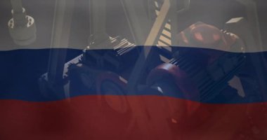 Petrol pompası üzerinde Rusya bayrağı animasyonu. Bayraklar, iş dünyası, teknoloji ve dijital arayüz kavramı, dijital olarak oluşturulmuş video.