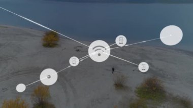 Plaj manzarası üzerindeki bağlantılar ve veri işleme animasyonu ağı. Teknoloji, ağ, dijital, bağlantı