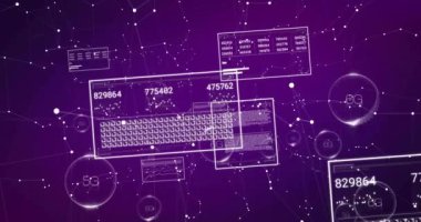 Ekranlarda dijital veri işleme animasyonu ve koyu arkaplan üzerinde 6g 5g metin. Küresel bağlantılar, hesaplama ve veri işleme kavramı, dijital olarak oluşturulmuş video.