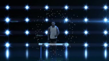 Parlayan ışıklar ve arka planda ışıldayan animasyonla engelin üzerinden atlayan bir sporcu. spor, rekabet, eylem