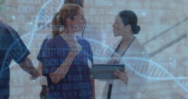Hastanede çalışan çeşitli doktorlarda veri işleme ve DNA iplikçiklerinin animasyonu. Küresel tıp, sağlık, bilgisayar ve dijital arayüz kavramı, dijital olarak oluşturulmuş video.