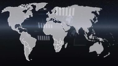 Dünya haritası üzerinde kürelerin ve diyagramların animasyonu. Teknoloji, iş ve dijital arayüz kavramı, dijital olarak üretilen video.