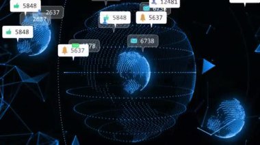 Dünya üzerindeki medya simgelerinin animasyonu. Teknoloji, iş ve dijital arayüz kavramı, dijital olarak üretilen video.