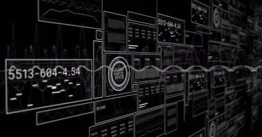 Veri işleme ve siyah arkaplan diyagramlarının animasyonu. Teknoloji, iş ve dijital arayüz kavramı, dijital olarak üretilen video.