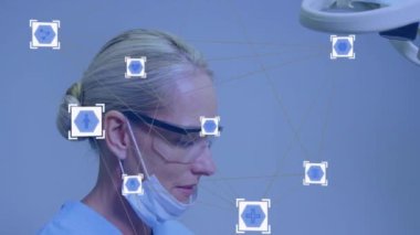 Diş muayenehanesindeki çeşitli dişçi ve hastalar üzerindeki ikonlarla olan bağlantıların animasyonu. Küresel tıp, sağlık, bağlantılar ve dijital arayüz kavramı, dijital olarak üretilen video.