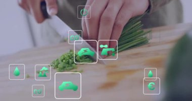 Mutfakta sebze doğrama, sürdürülebilirlik ve çevre dostu ikonlar animasyonu. Yemek pişirme, yeşil yaşam, sağlıklı beslenme