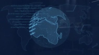 Dünya haritası ve küreyle veri işleme animasyonunun farklı meslektaşlar arasında toplanması. Küresel iş, finans, bilgisayar ve dijital arayüz kavramı, dijital olarak oluşturulmuş video.