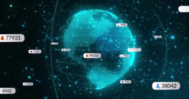 Dünya üzerindeki medya simgelerinin ve şekillerin animasyonu. Teknoloji, iş ve dijital arayüz kavramı, dijital olarak üretilen video.