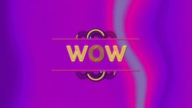 Eflatun arkaplanda renkli şekiller üzerinde wow metninin animasyonu. Şekiller, renkler, arkaplan ve iletişim konsepti, dijital olarak oluşturulmuş video.