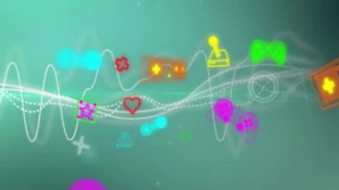 Yeşil arkaplan üzerinde hareket eden video oyunu simgelerinin animasyonu. Video oyunu, renk, kalıp, şekil ve hareket konsepti, dijital olarak oluşturulmuş video oyunu.