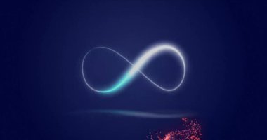 Mavi arkaplanda sonsuzluk işaretinin üzerinde hareket eden parlak pembe ağ animasyonu. Renk, şekil, ışık ve hareket konsepti, dijital olarak oluşturulmuş video.