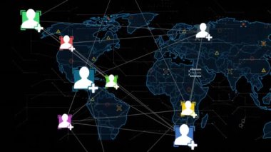 Dünya haritasında medya simgelerinin canlandırılması. Teknoloji, iş ve dijital arayüz kavramı, dijital olarak üretilen video.