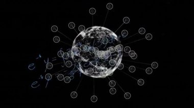 Matematiksel denklemler ve ağ bağlantıları kara arkaplanda dünya üzerinde canlandırılıyor. Animasyon, matematik, teknoloji, veri, görselleştirme