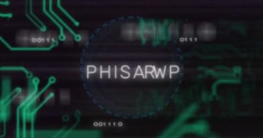 Siyah arkaplanda sahte metin ve bilgisayar devre kartı ile veri işleme animasyonu. Küresel teknoloji, bilgisayar, çevrimiçi güvenlik ve dijital arayüz kavramı, dijital olarak oluşturulmuş video.