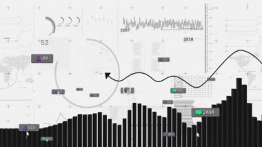 Veri işleme ve diyagramlar üzerine medya simgelerinin canlandırılması. Teknoloji, iş ve dijital arayüz kavramı, dijital olarak üretilen video.