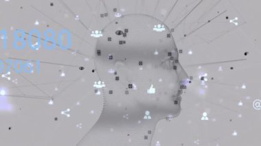 Beyaz zemin üzerinde dijital insan modeli üzerinde veri işleme ile sosyal medya simgelerinin animasyonu. Küresel tıp, bilim, bilgisayar ve dijital arayüz kavramı, dijital olarak oluşturulmuş video.