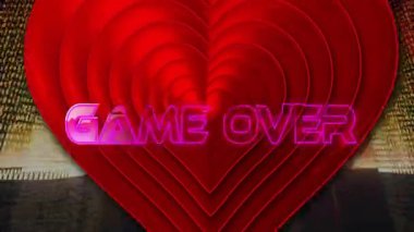 Game Over metin animasyonu üzerinde kırmızı kalp şekilleri ve neon üçgen çizgiler. Oyun, retro, kalpler, dijital, canlı, video oyunu