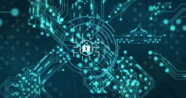 Asma kilit simgesinin animasyonu, bağlantı ağı üzerinden dijital veri işleme. Küresel siber güvenlik, bağlantılar, hesaplama ve veri işleme kavramı, dijital olarak oluşturulmuş video.