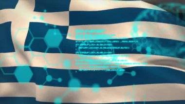 Yunan bayrağı üzerinde beyin ve moleküllerle veri işleme animasyonu. Küresel bilim, bilgisayar ve dijital arayüz kavramı, dijital olarak oluşturulmuş video.