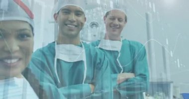 Çeşitli cerrahların istatistik ve veri işleme animasyonları. Küresel tıp, bağlantılar, hesaplama ve veri işleme kavramı, dijital olarak oluşturulmuş video.