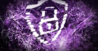 Siyah arkaplandaki bağlantıların üzerinde asma kilit simgesi olan kalkan animasyonu. Küresel bağlantılar, bilgisayar, çevrimiçi güvenlik ve dijital arayüz kavramı, dijital olarak oluşturulmuş video.