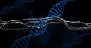 DNA ipliği üzerinde beyaz lekelerin canlandırılması. Teknoloji, bilim ve dijital arayüz kavramı, dijital olarak üretilen video.