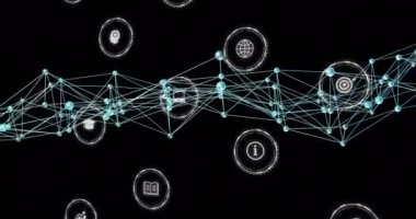 Medya simgeleri üzerinden bağlantı ağının canlandırılması. Teknoloji, iş ve dijital arayüz kavramı, dijital olarak üretilen video.