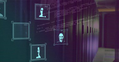 Bilgisayar sunucularında biyometrik fotoğraflar, devre kartı ve veri işleme resimleri. Küresel iş, bağlantılar, hesaplama ve veri işleme kavramı dijital olarak oluşturulmuş resim.