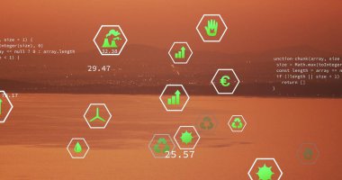 Manzara üzerindeki sürdürülebilirlik ve ekoloji simgeleri. Ekoloji, sürdürülebilirlik ve veri işleme kavramı dijital olarak oluşturulmuş görüntü