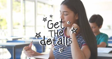 Image of get the details over hispanic girl learning at school. learning, education and school concept digitally generated image. clipart