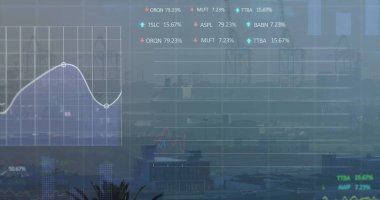 Şehir manzarası üzerinde finansal veri işleme resmi. Küresel iş, finans, veri işleme ve dijital arayüz kavramı dijital olarak oluşturuldu.