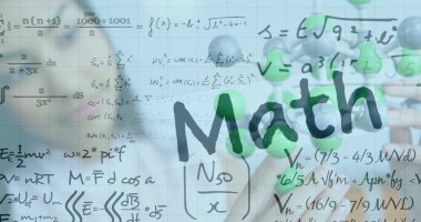 Image of mathematical equations and math text over biracial woman with models in classroom. school and education concept digitally generated image. clipart