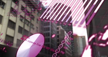 Şehrin üzerinde dijital arayüz görüntüsü. Küresel bağlantılar, veri işleme ve dijital arayüz konsepti dijital olarak oluşturulmuş resim.