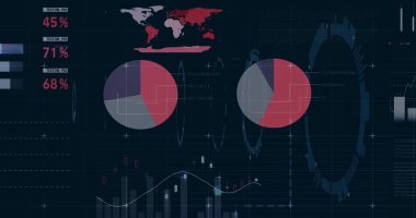 Siyah arkaplan üzerinden finansal veri işleme resmi. Küresel finans, iş, bağlantılar, hesaplama ve veri işleme kavramı dijital olarak oluşturuldu.