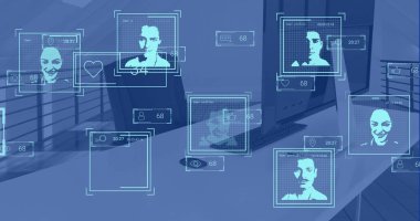 Ofisteki iş yerindeki biyometrik fotoğraflar ve veri işleme resimleri. Küresel finans, iş, bağlantılar, hesaplama ve veri işleme kavramı dijital olarak oluşturuldu.