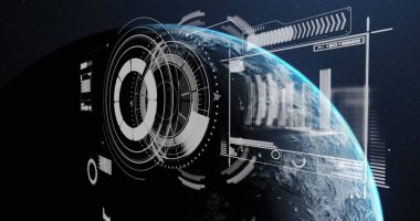 Veri işleme görüntüsü ve Dünya 'nın her yerindeki dünya. Dijital arayüz teknolojisi ve ağ konsepti dijital olarak oluşturuldu.