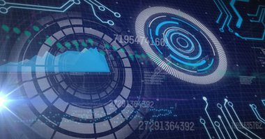 Donanma arkaplanındaki çeşitli verilerin ve çemberlerin işleme görüntüsü. Küresel veri işleme, finans ve teknoloji konsepti dijital olarak oluşturuldu.